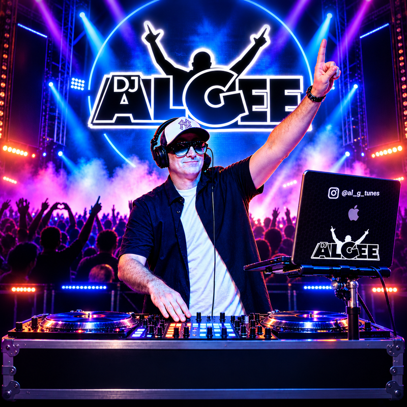 DJ AL GEE performing behind the decks under colorful stage lights